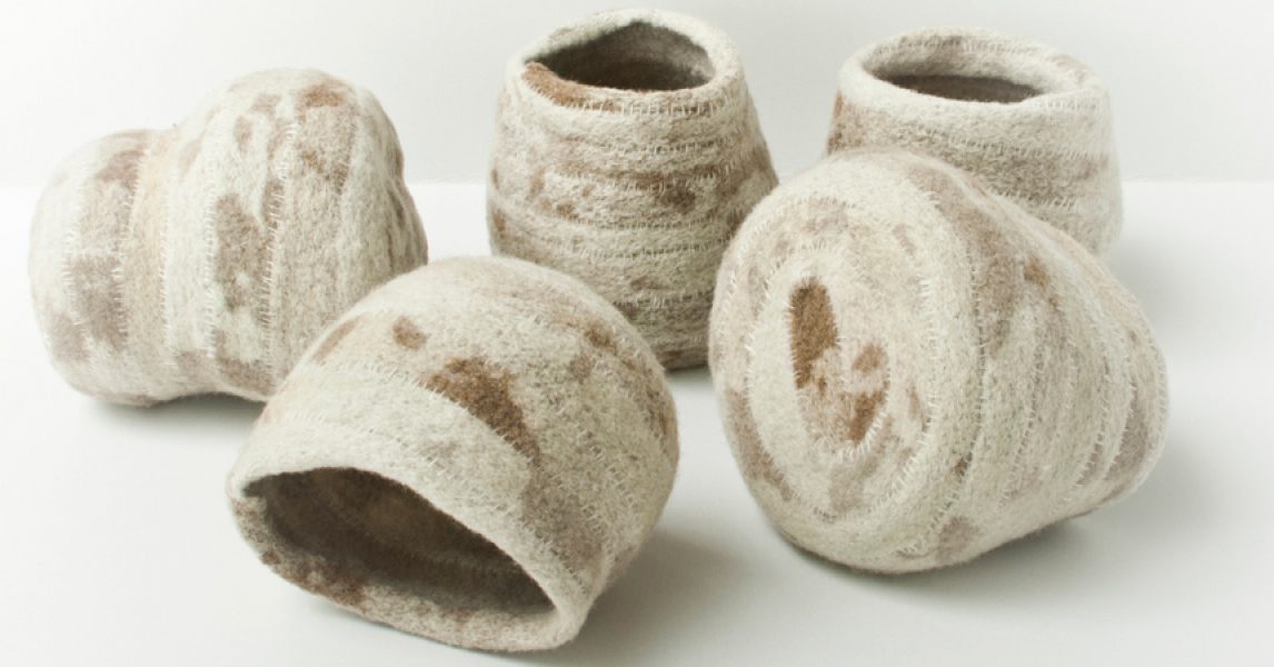 Group of ‹Textile Shapes›, 2012, varying sizes ca 9.5 X 8 X 9 cm, felted woolen jersey strips and woolen thread, textile print.