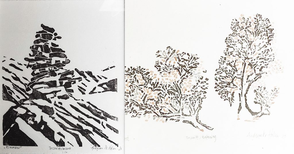 ‹Rimmane›, mono/tresnitt, 17×20 cm og ‹Småvekst›,tresnitt/teikning, 29×15 cm